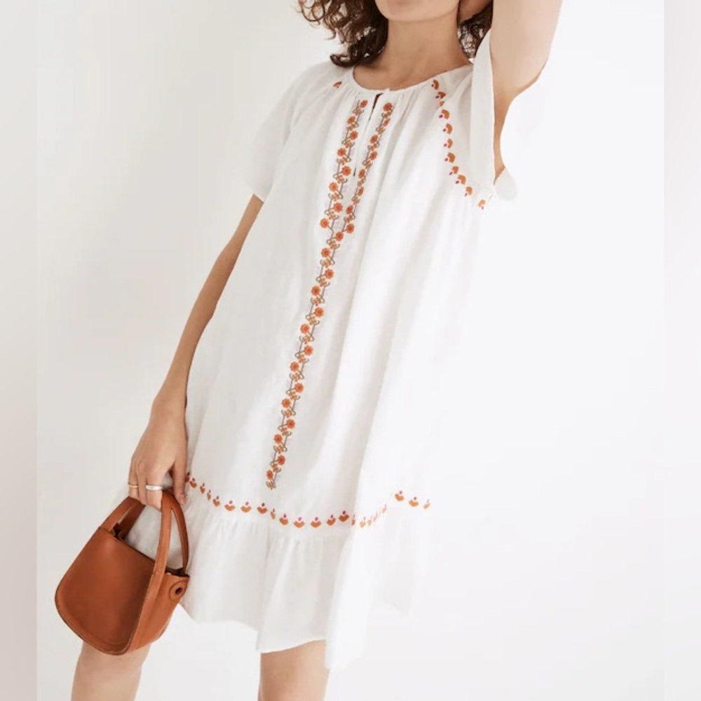 Madewell Embroidered Linen-Blend Raglan Ruffle Mini Dress S 70s Boho Festival